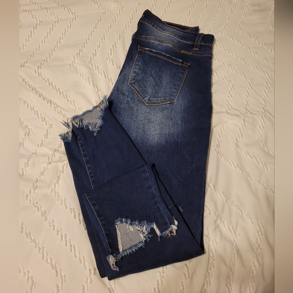 Kancan, dark wash, raw hem, button fly jeans, size 13/30, high waisted